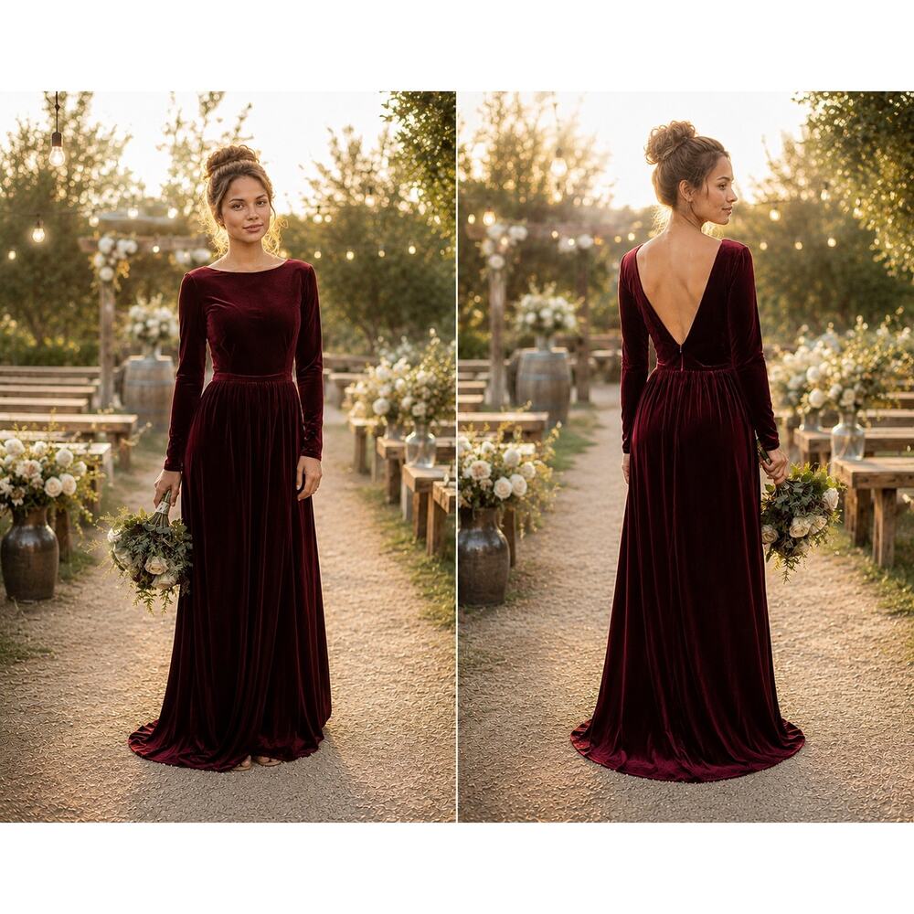 Burgundy Black Velvet Gown Size 8 Deep V Back Long Sleeve NWT Renz - Picture 2 of 9
